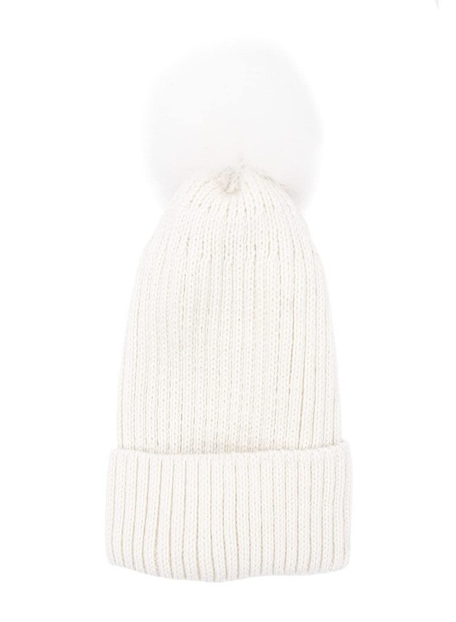 surell Fox Pom Knit Hat - Removable Pom Fur Ski Style Hat - Warm Winter Fashion (White) - Image 1
